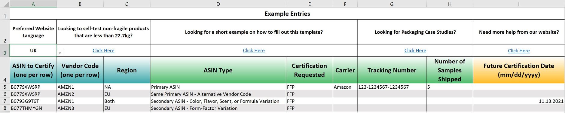 Vendor enrollment template (Amazon Packaging Lab)