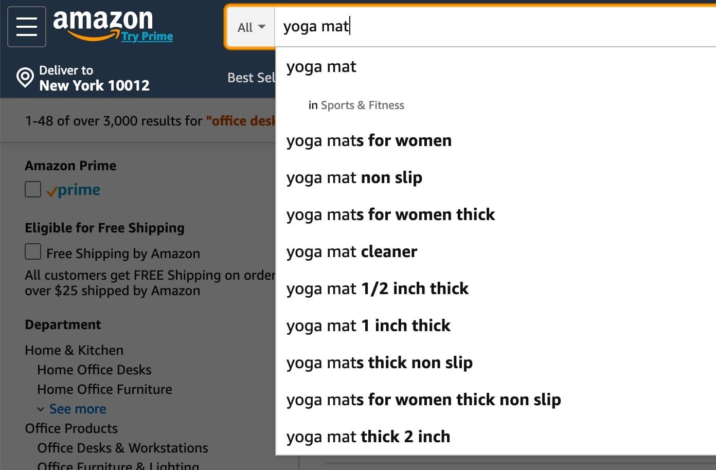 Image of the Amazon Suggest results using the search term Yoga Mat