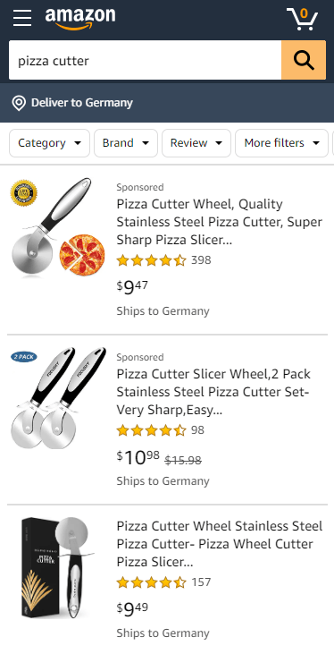 Display of tables on Amazon as search results on the smartphone