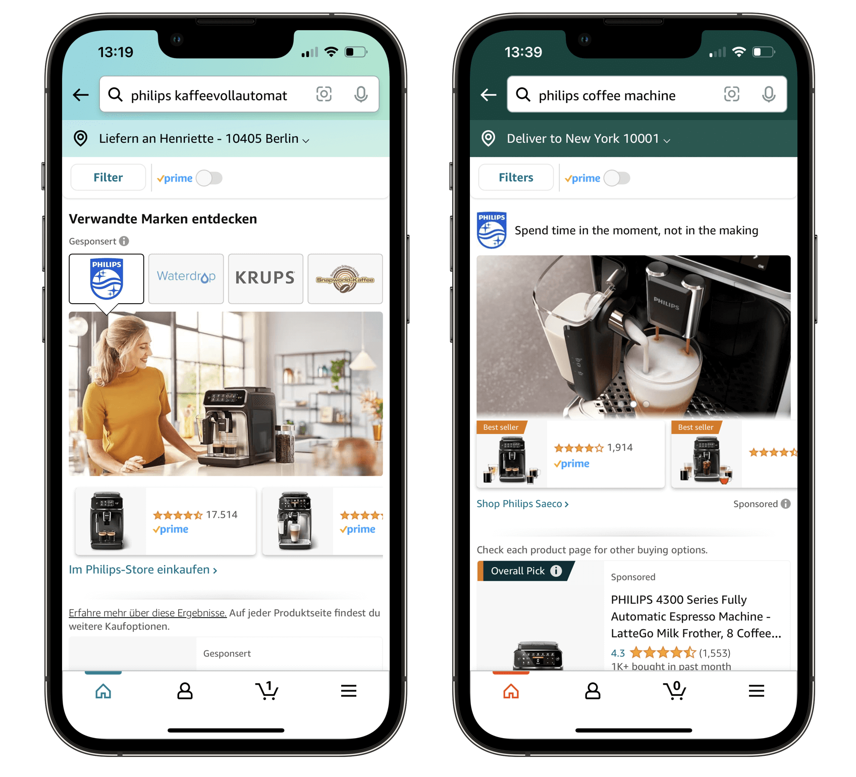 Sucherergebnisse in der deutschen Amazon-App (links) und Sucherergebnisse in der amerikanischen Amazon-App (rechts)