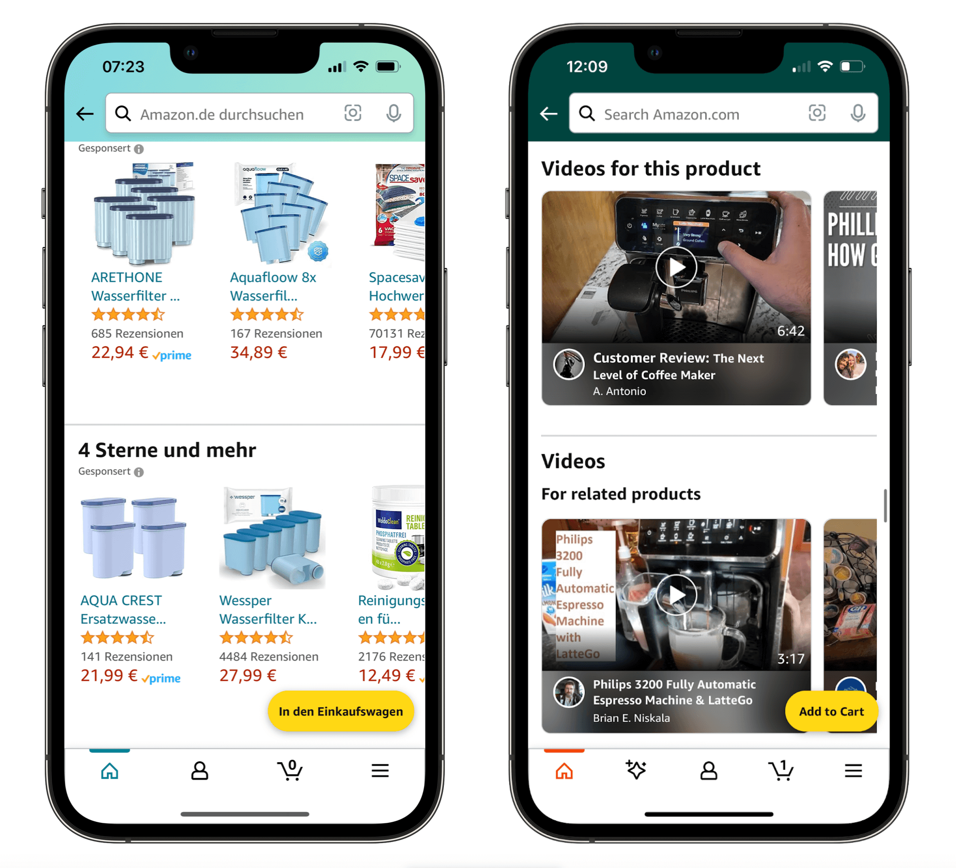 Deutsche Amazon-App (links): mehr Zubehör-Empfehlungen; amerikanische Version (rechts): stärkere Videointegration
