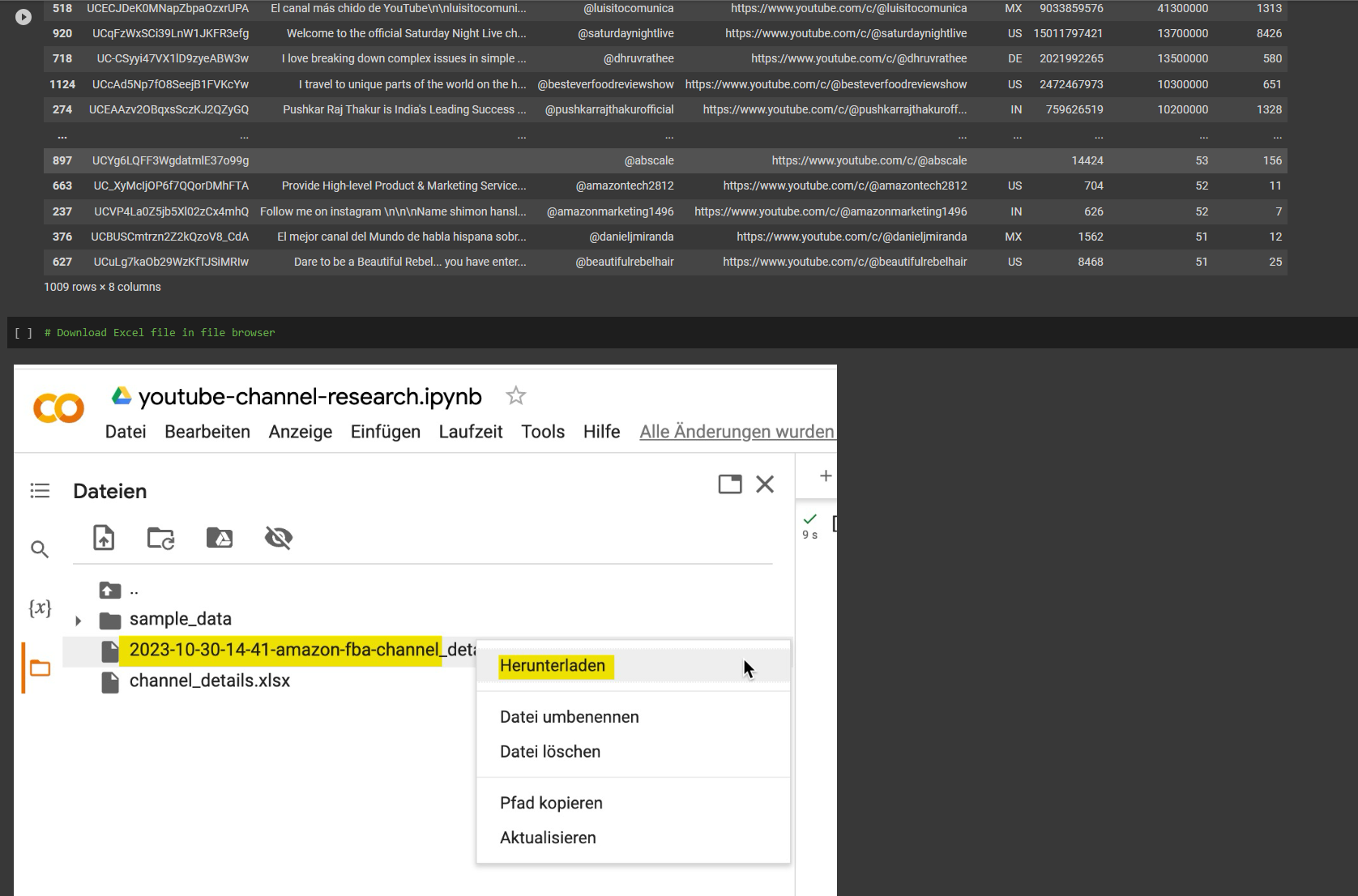 Screenshot, welches den Download der Excel-Datei zeigt