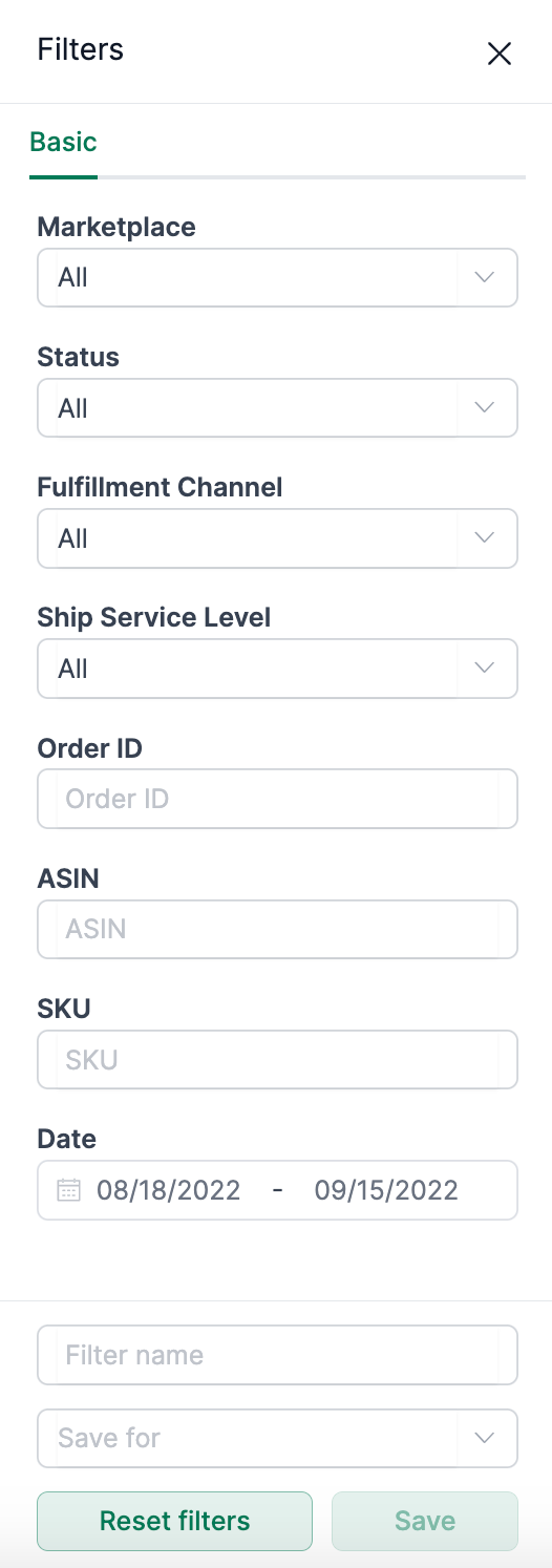 Filter options for the seller orders in AMALYTIX