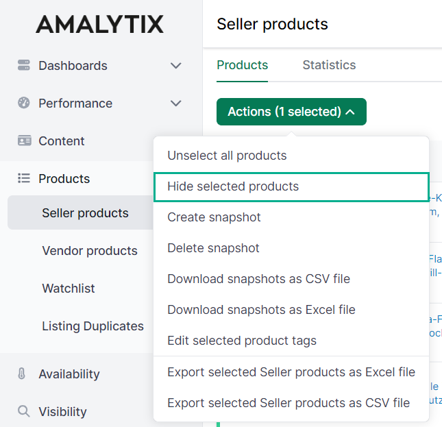 Remove Amazon products from the overview page in AMALYTIX