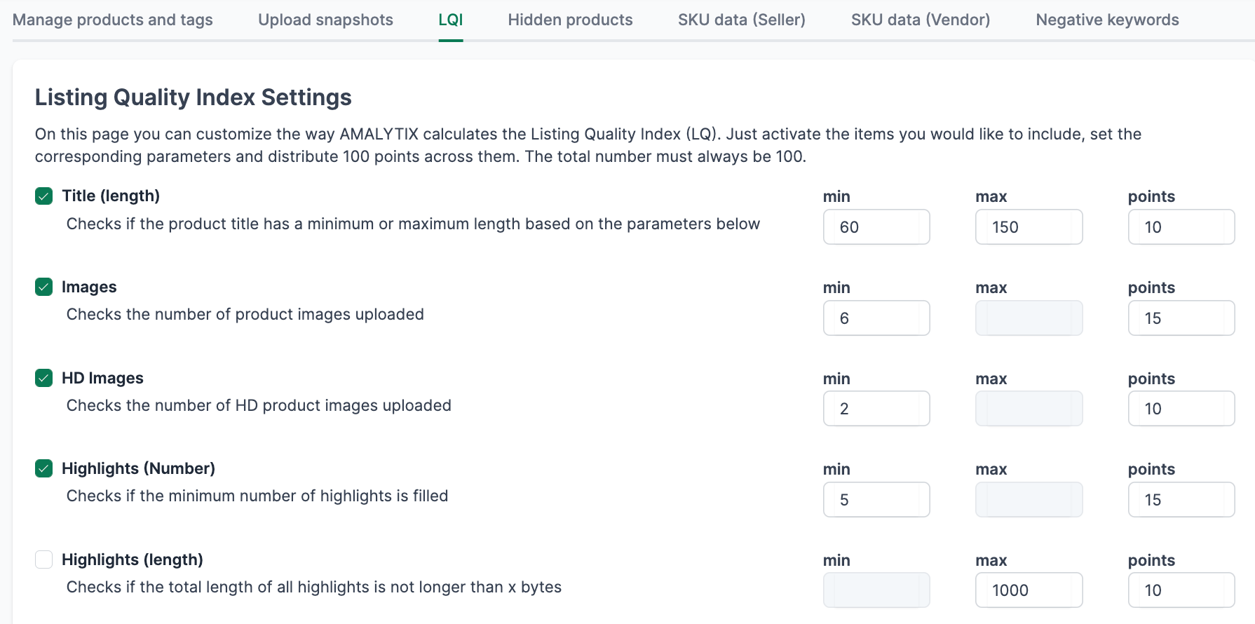 AMALYTIX LQI Settings