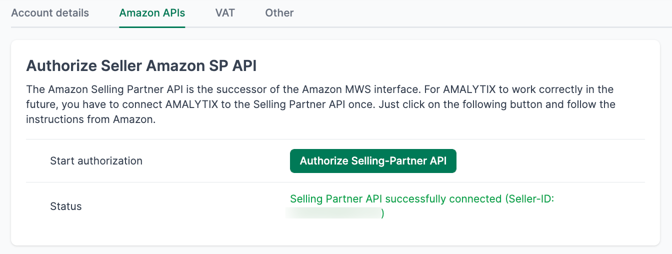Connect the seller account to the Amazon selling partner API in AMALYTIX