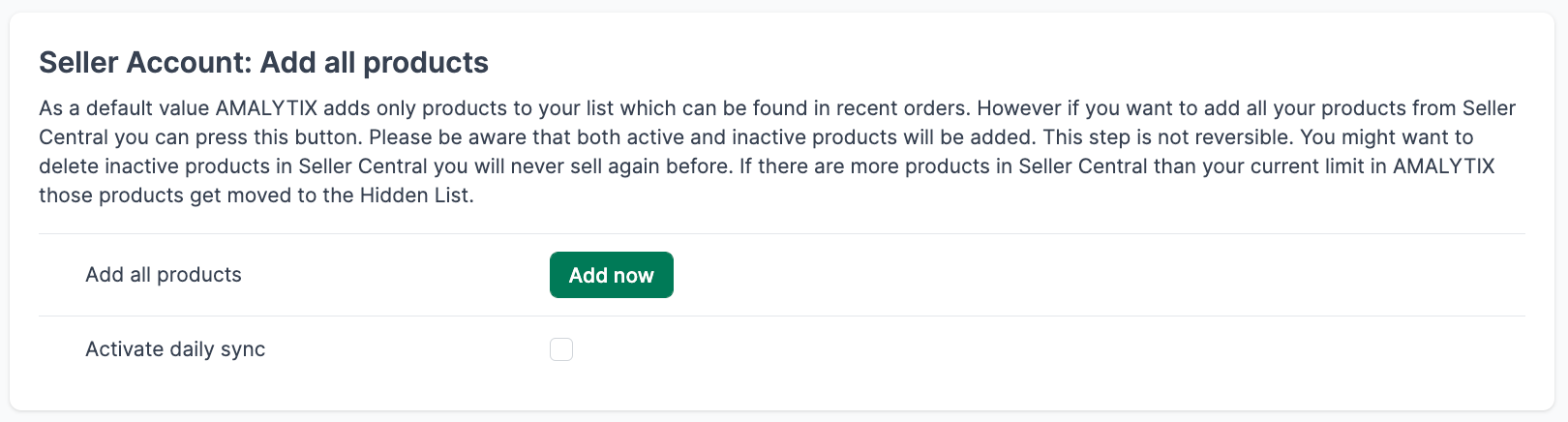 Add all products from seller central in AMALYTIX