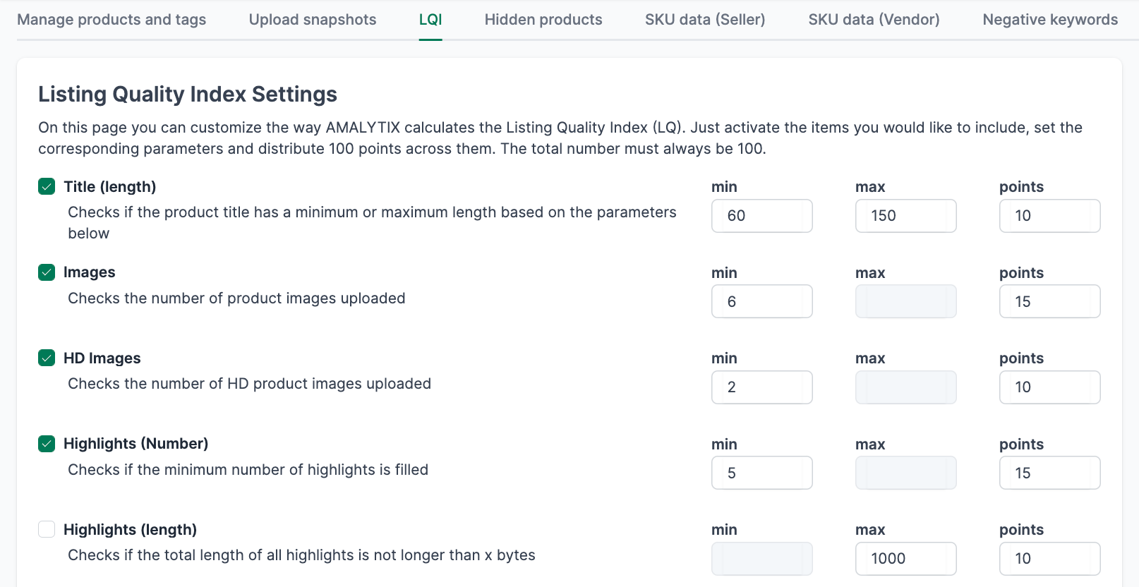 Overview of the listing quality index settings in AMALYTIX