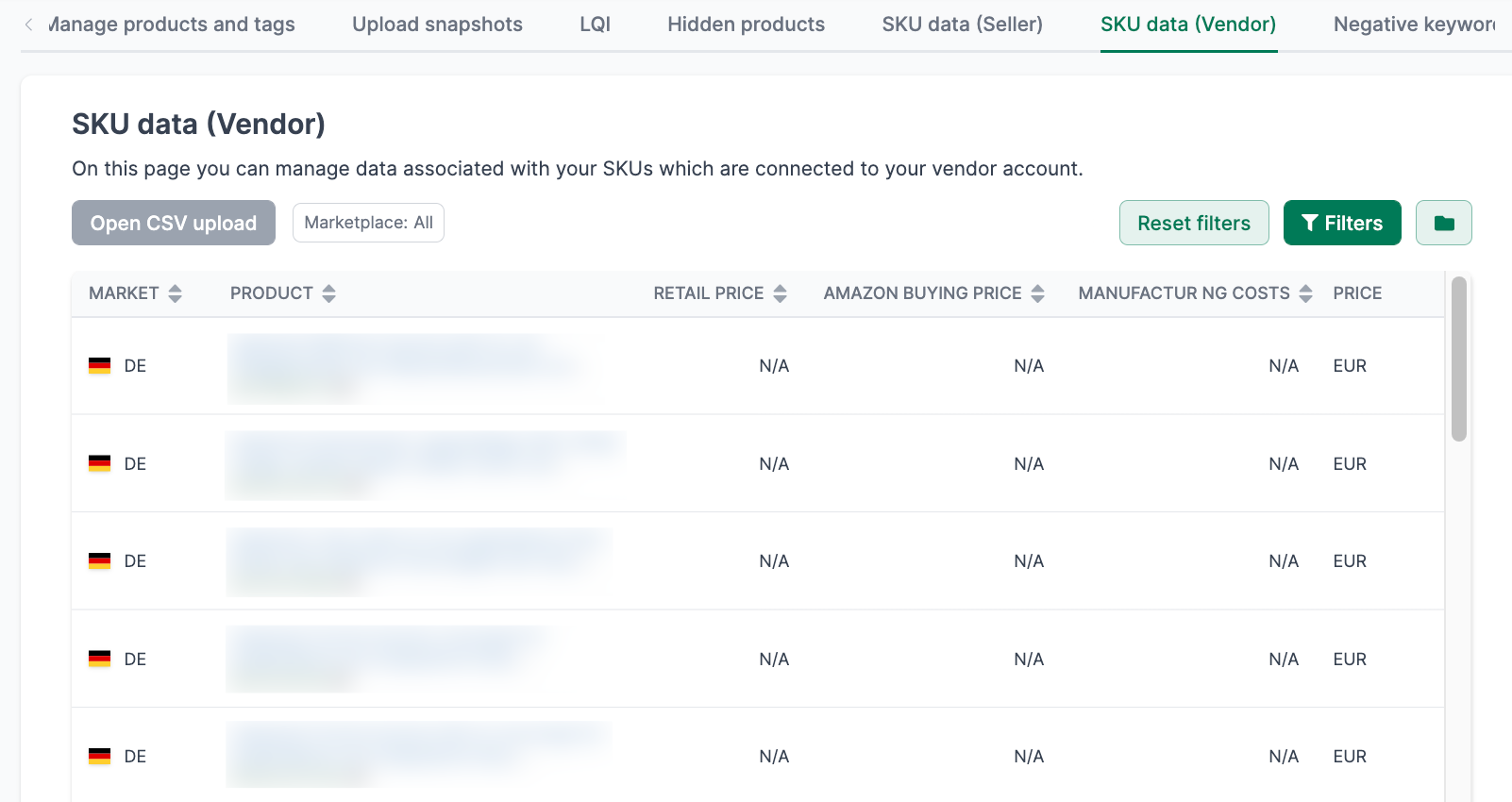 Vendor SKU data overview in AMALYTIX