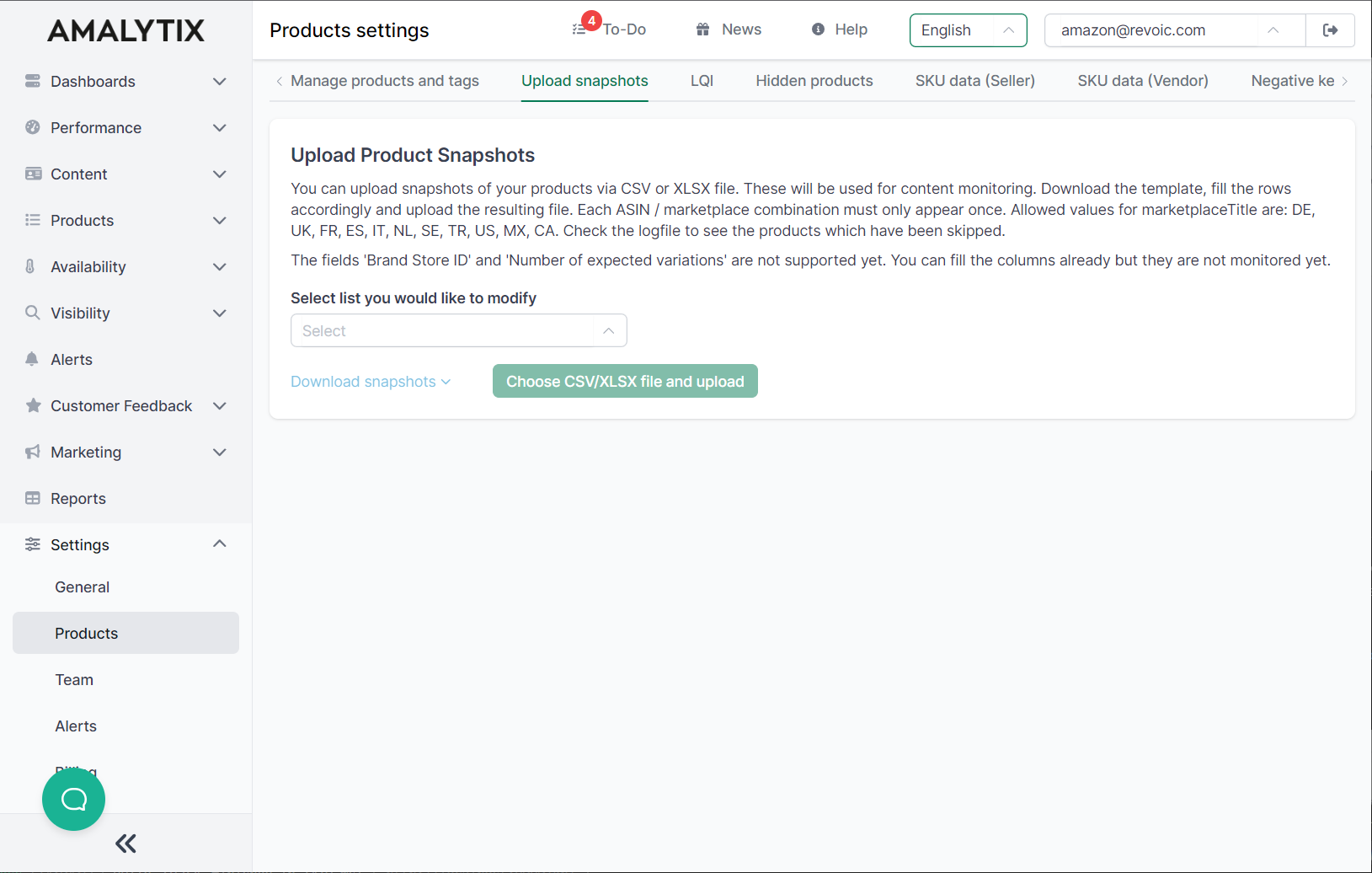 Upload product snapshots as CSV file in AMALYTIX