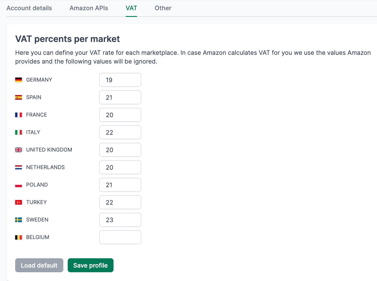 Set Amazon VAT rates per marketplace in AMALYTIX