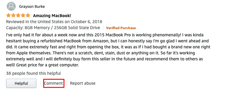 The product detail page does not show whether this review has already been commented