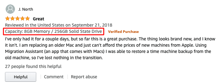 Image of an Amazon review with the indication of the product variant
