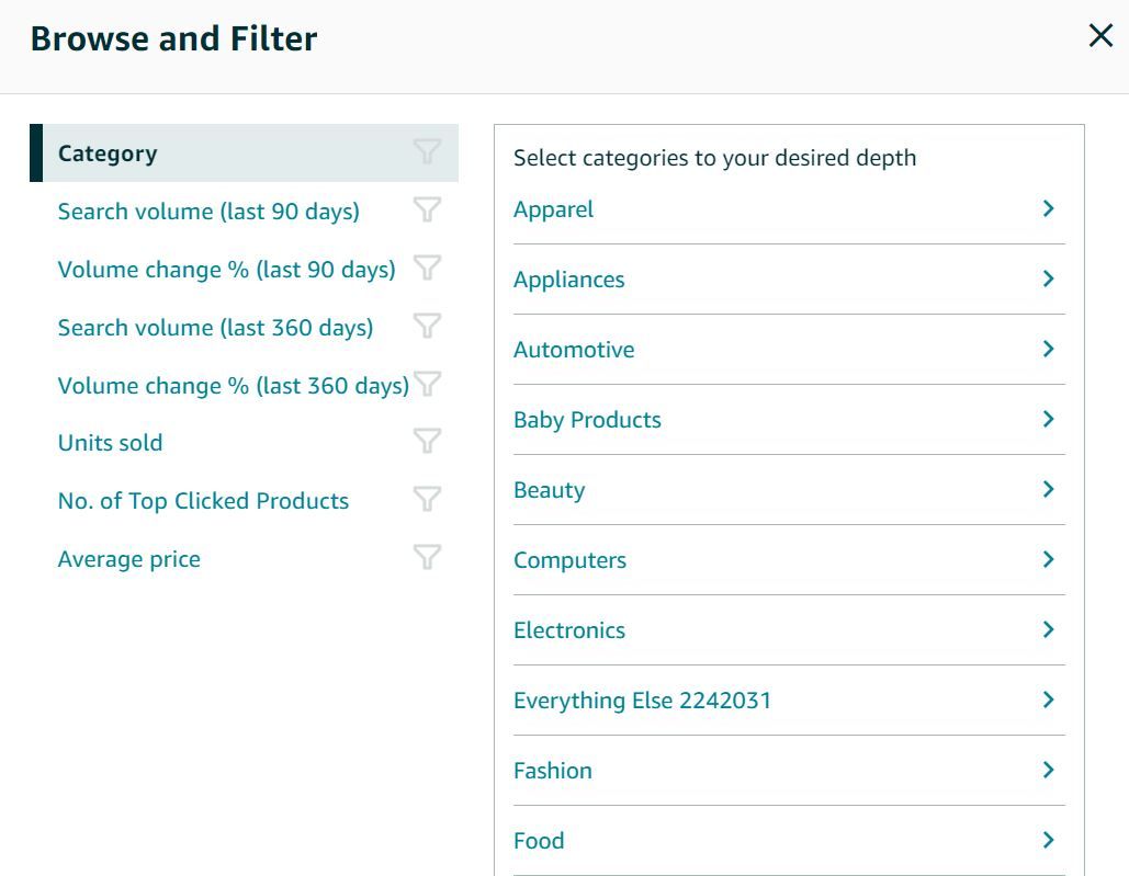 Search and filter categories