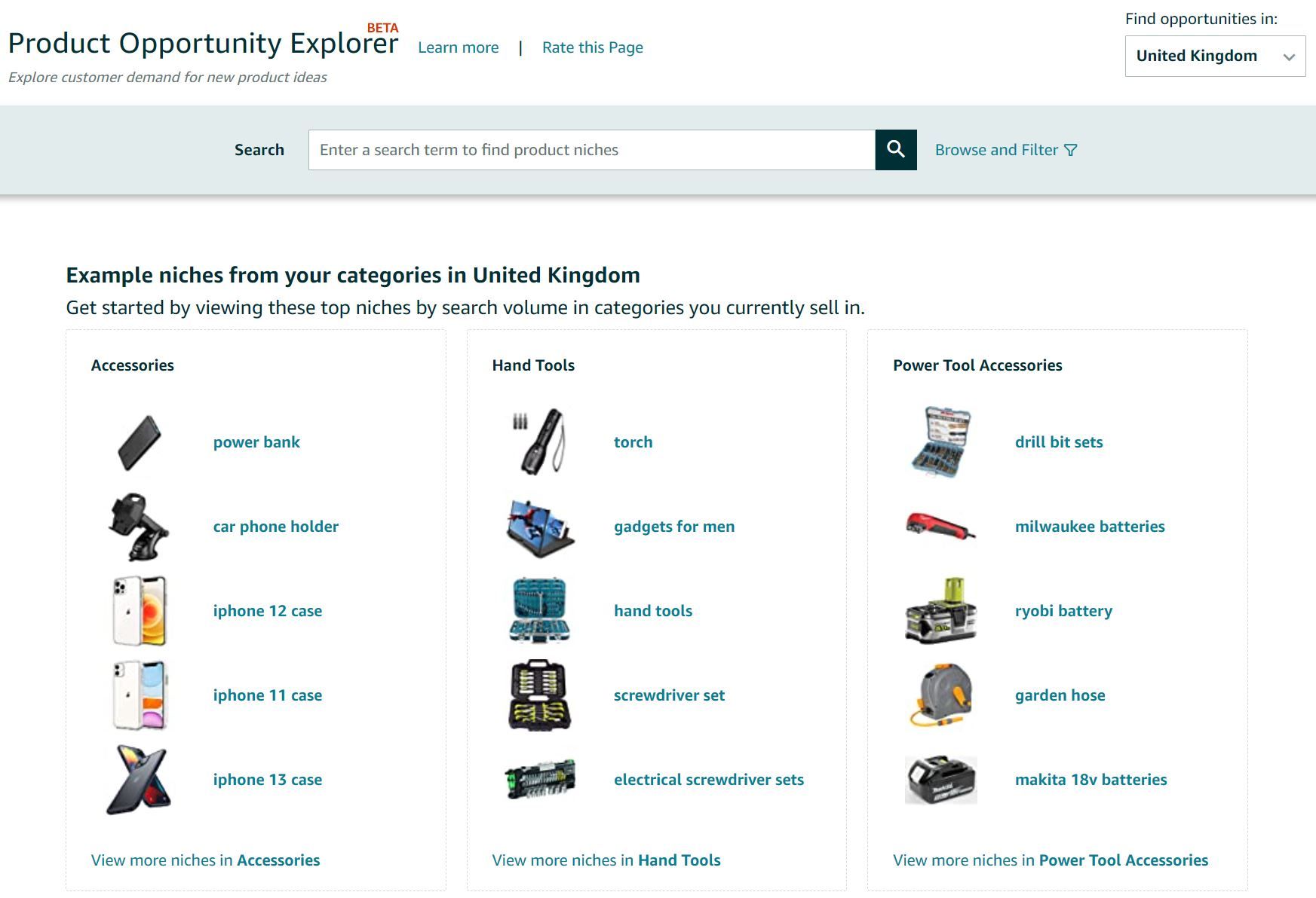 Example niches of the Product Opportunity Explorer