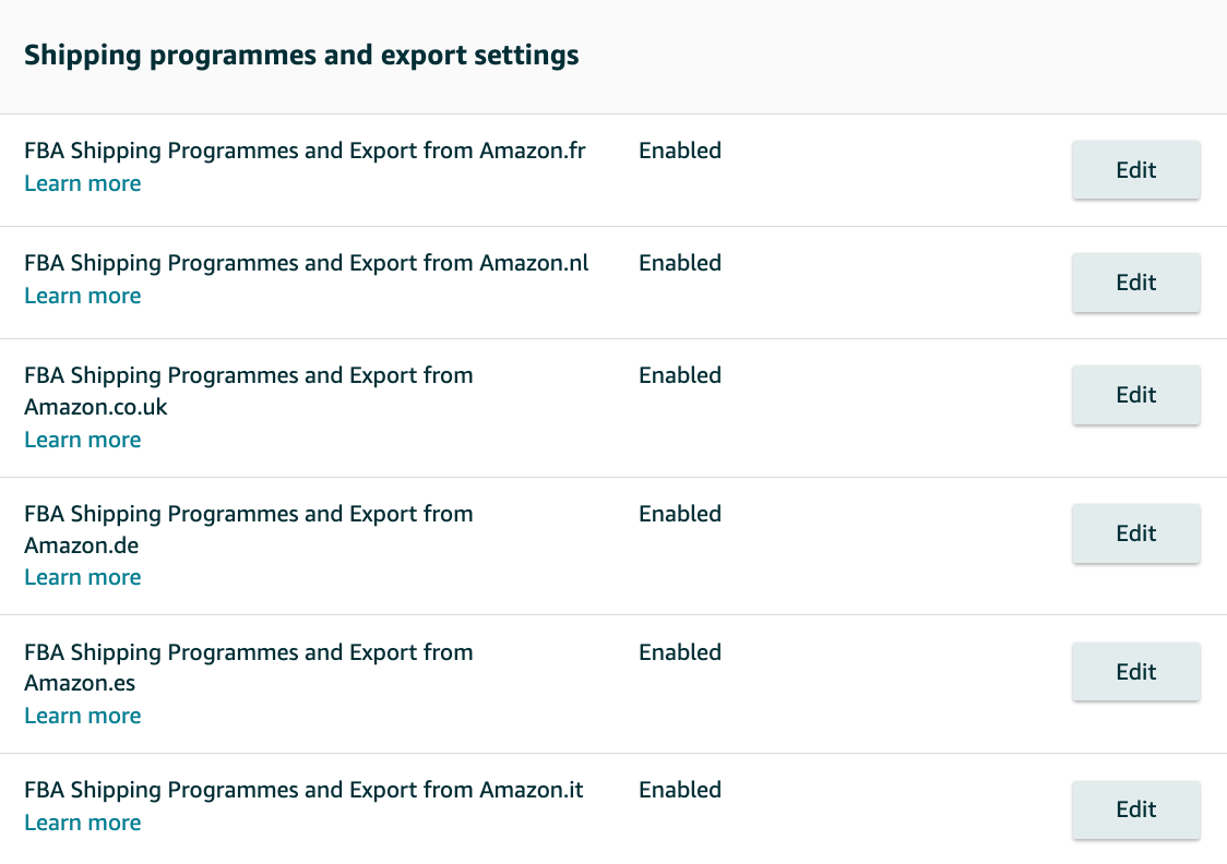 Shipping programmes and export settings