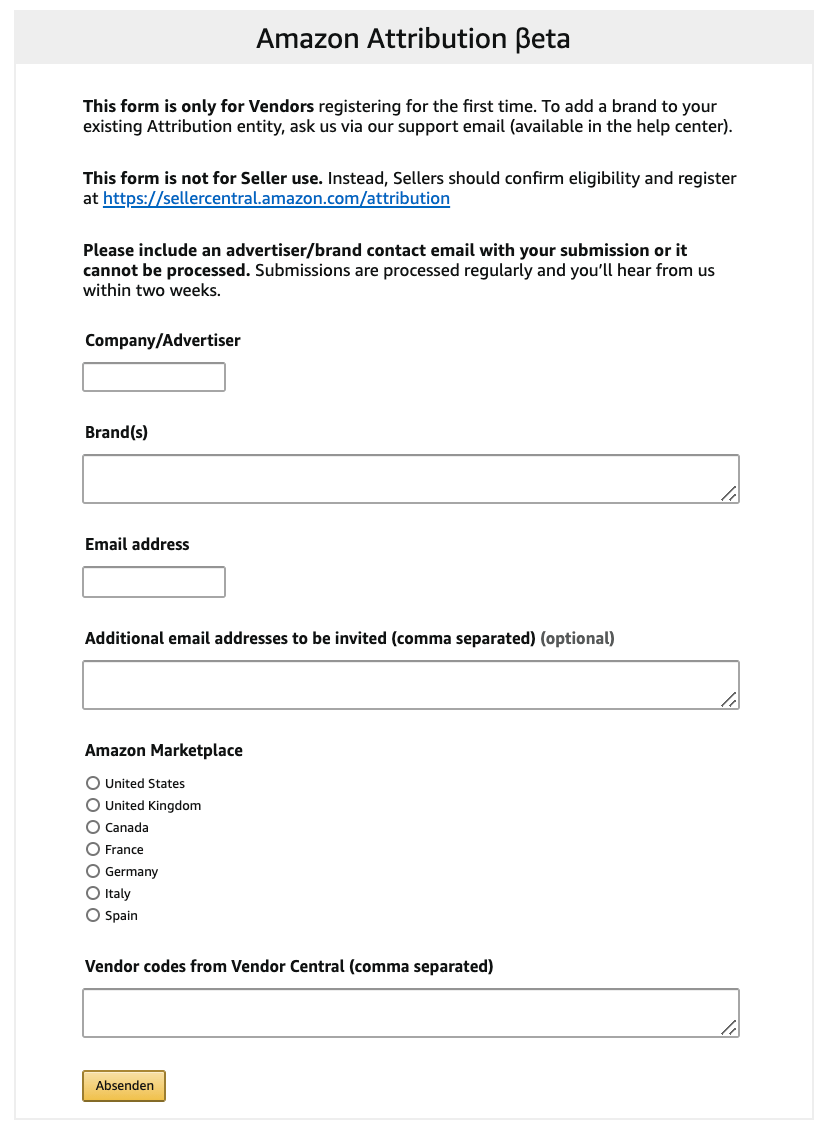 Amazon Attribution Anmeldung Formular