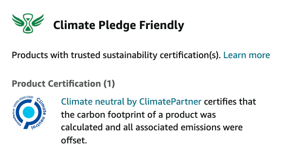 Display of the certification behind the Climate Pledge Friendly badge