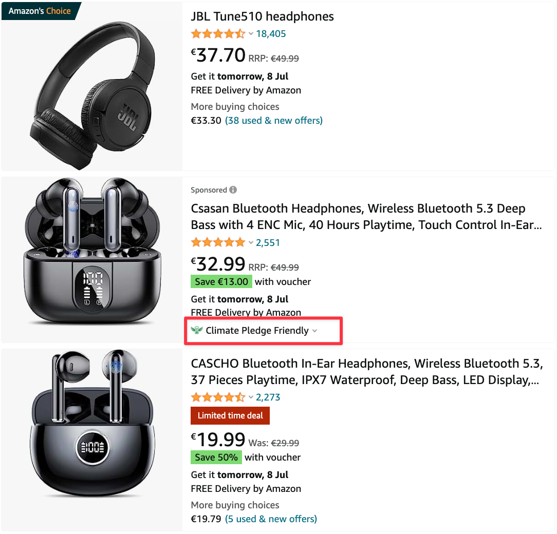 Display of the Climate Pledge Friendly badge in Amazon search results