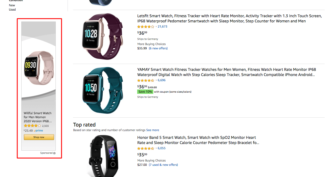 Example of Amazon Sponsored Brands ads on the search results page on the left