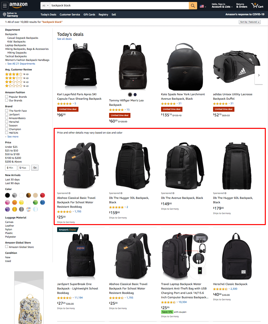 Amazon Sponsored Products ads for the search term 'backpack black women' at the top of the search results