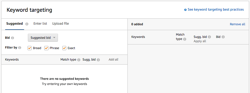 Creating a keyword list and then entering bids