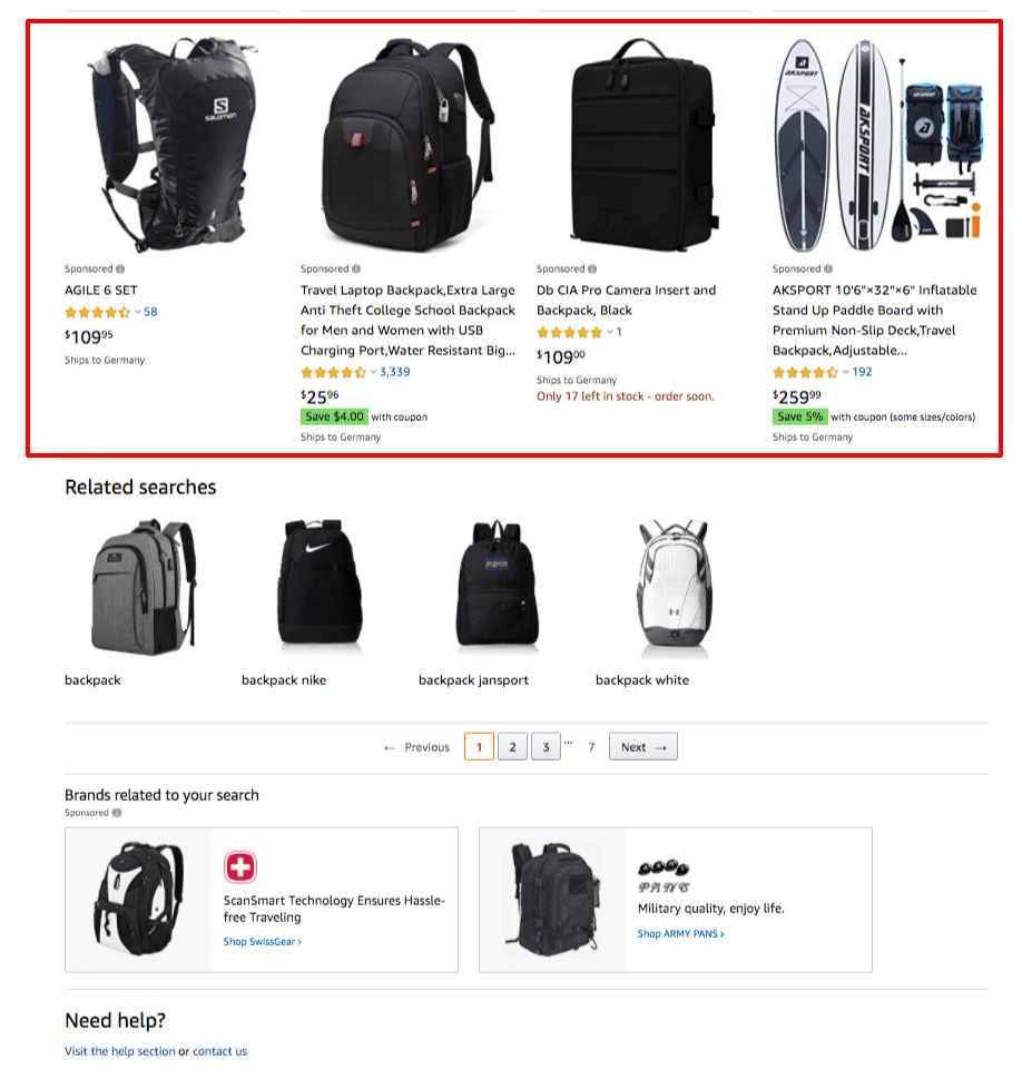 Amazon Sponsored Products Ads for the search term 'backpack black women' at the bottom of the search results