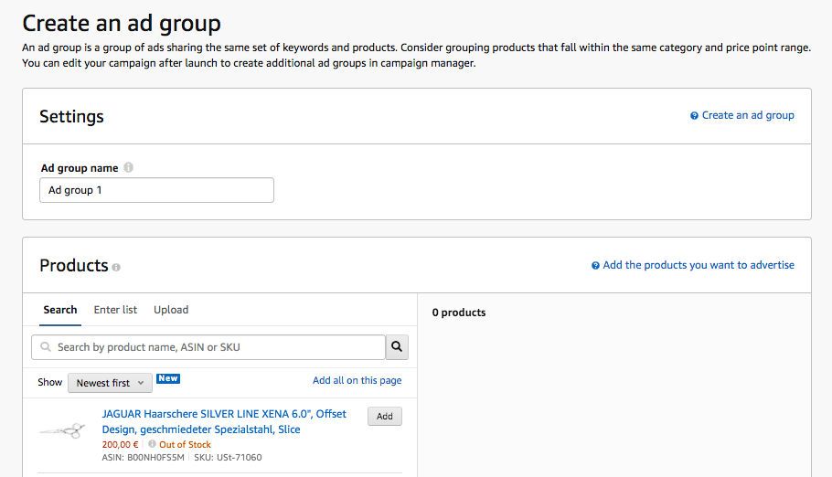 Create ad groups for sponsored products