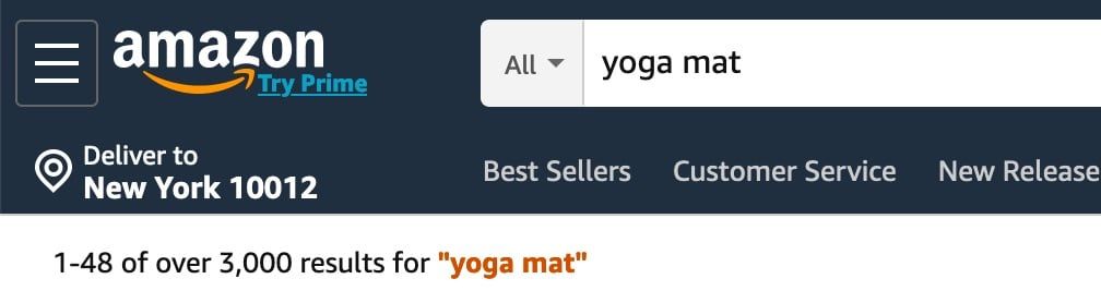 Image of the Amazon search field with the keyword yoga mat typed in as an example