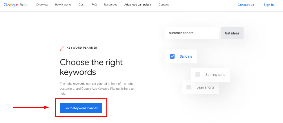 Google Keyword Planner Homepage