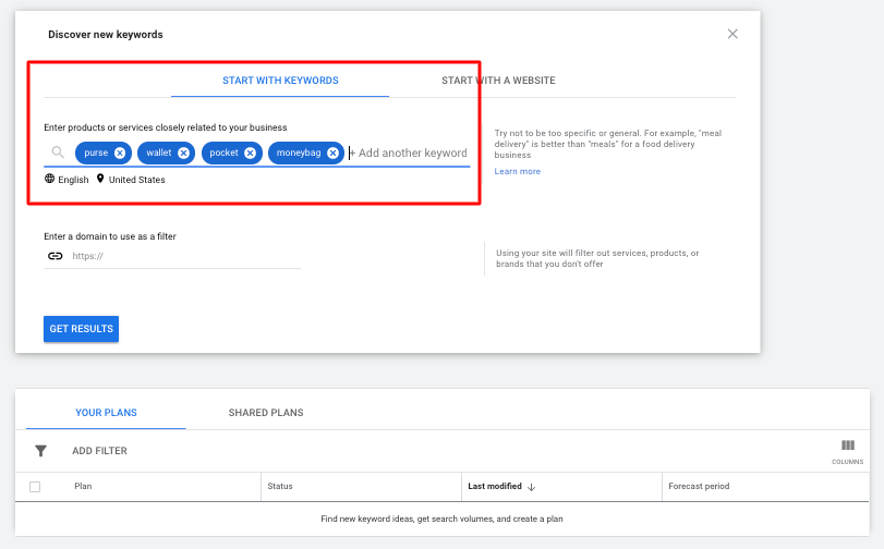 Google Keyword Planner research with purse as search term example