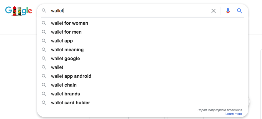 Image of Google Suggest with the example wallet for keyword research in the context of Amazon SEO