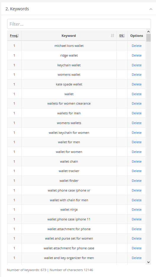 Search term results with the keyword wallet in the keyword tool AMALYTIX