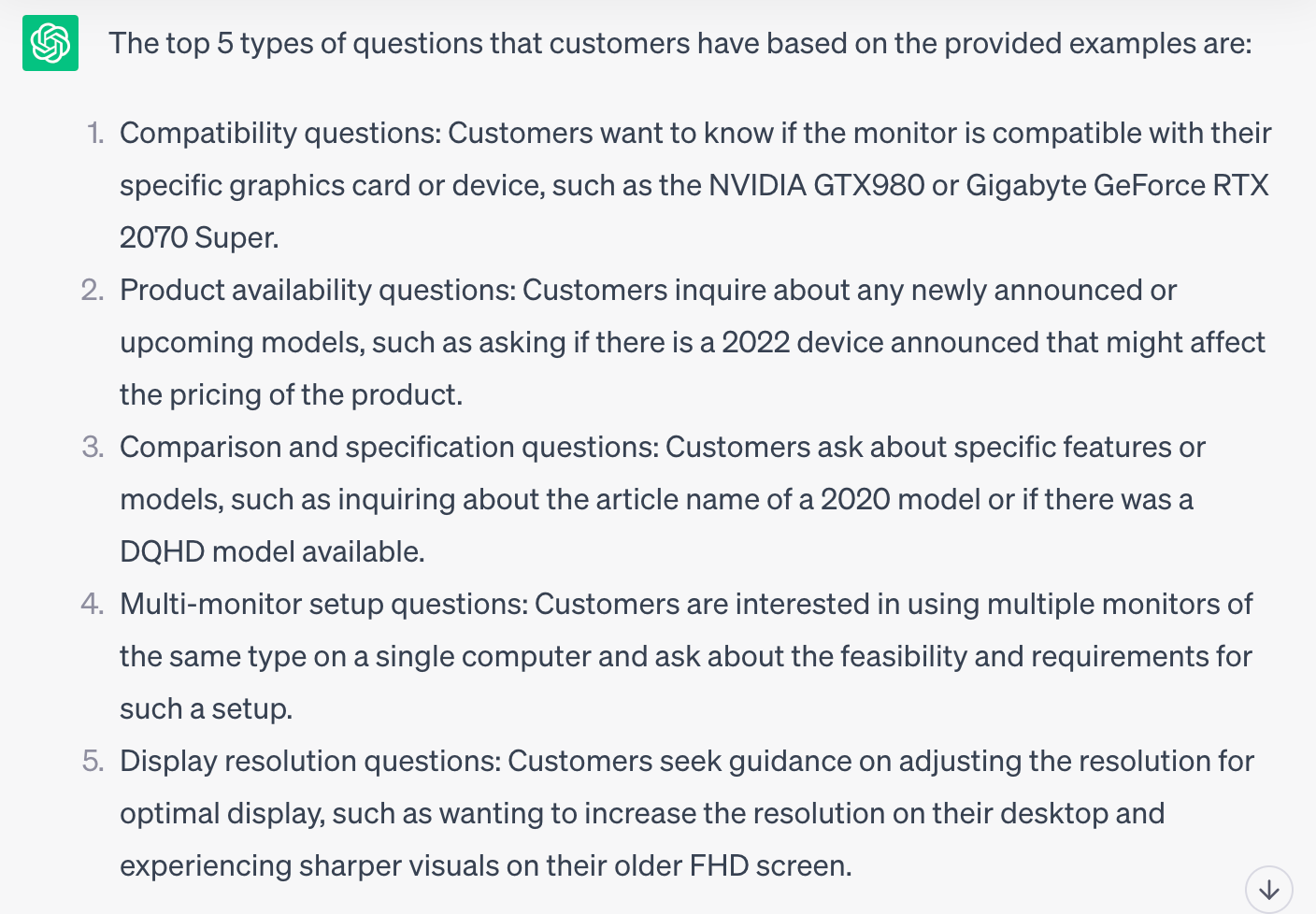 ChatGPT's response with a summary of common customer questions