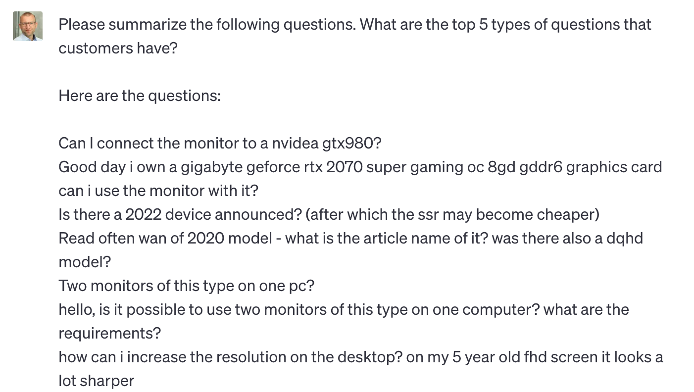 Prompt to ChatGPT with customer questions