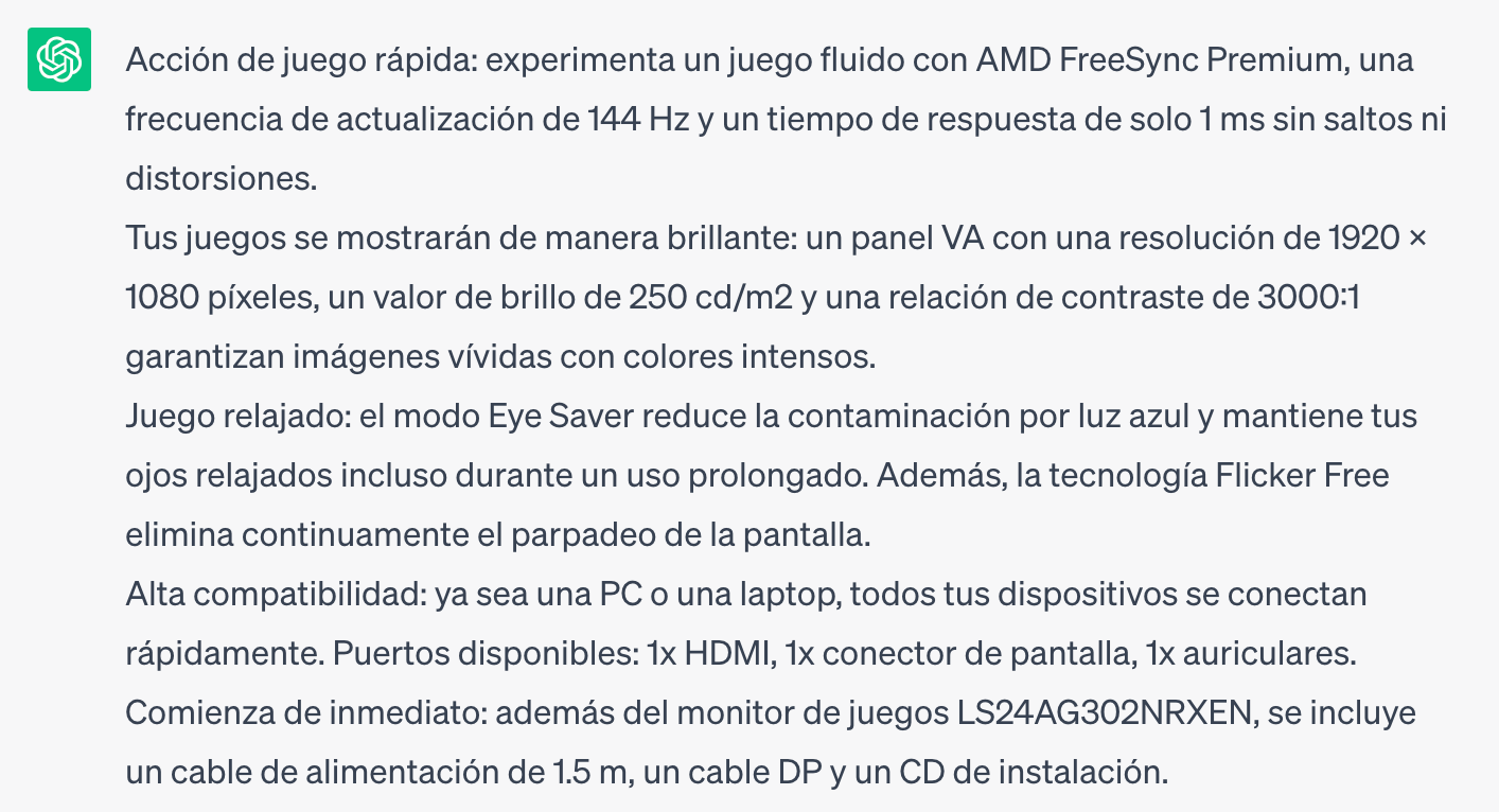 Translated Spanish product description