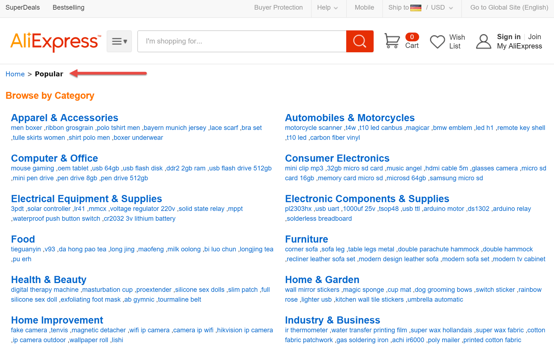 Screenshot of the AliExpress Most Popular website homepage as an example of a supplier platform
