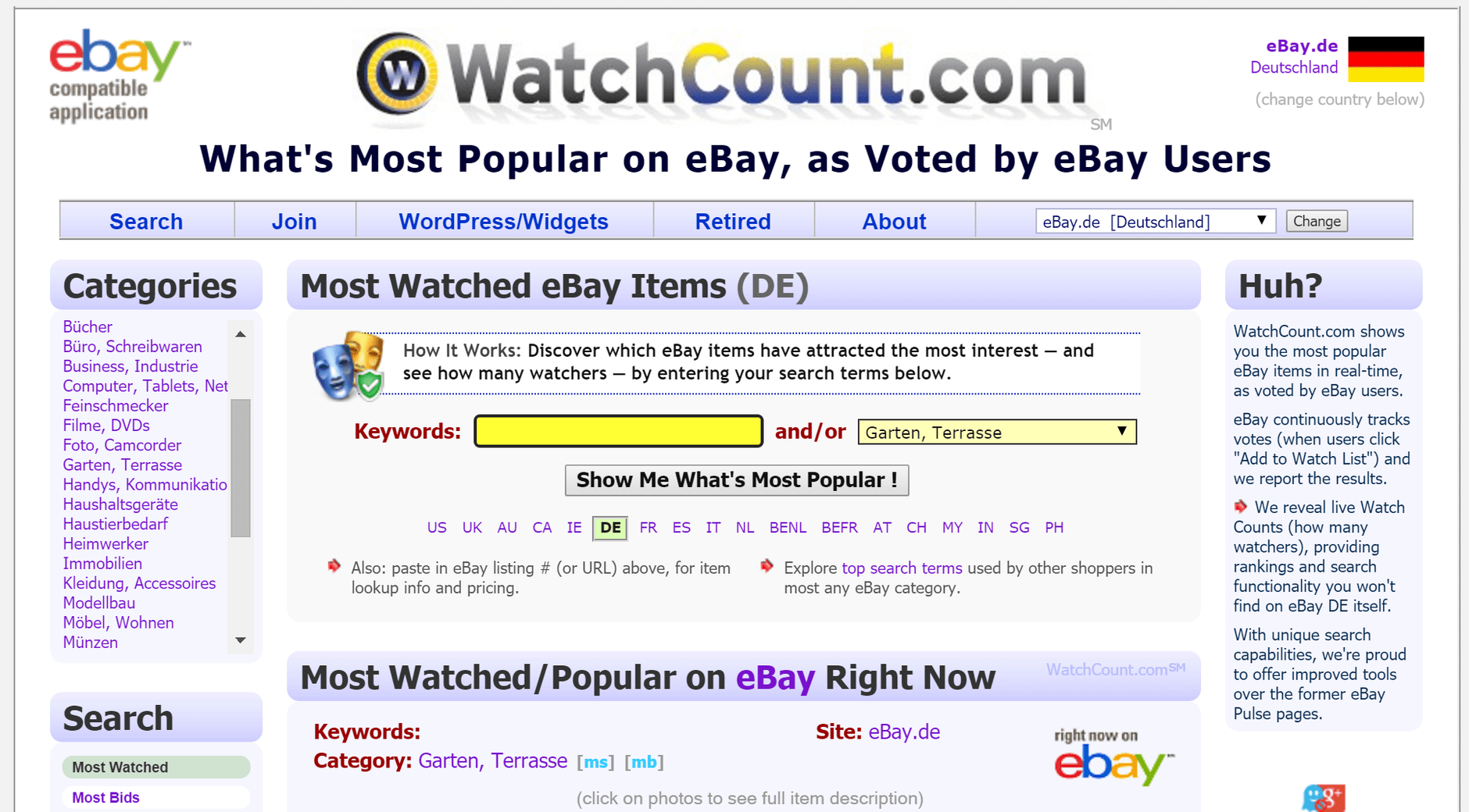 Screenshot of the WatchCount website start page as an example for other platforms