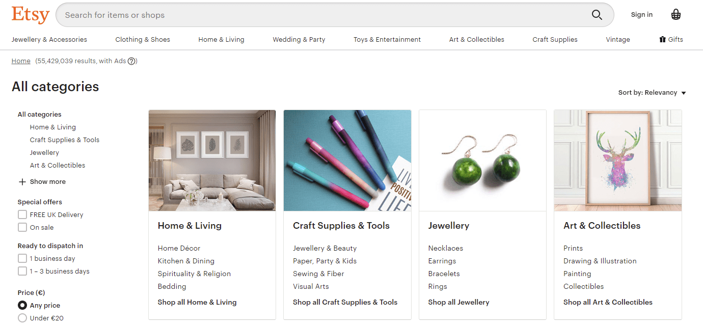 Screenshot of the Etsy website home page as an example for other platforms