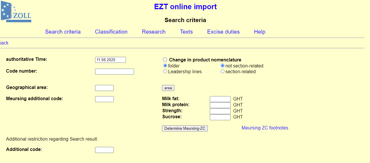 Illustration of the EZT-Online import search query for the calculation of the customs rate as a basis of Amazon unit costs
