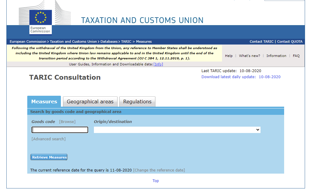 Imageof the TARIC query for the calculation of the customs rate as a basis of the Amazon unit costs