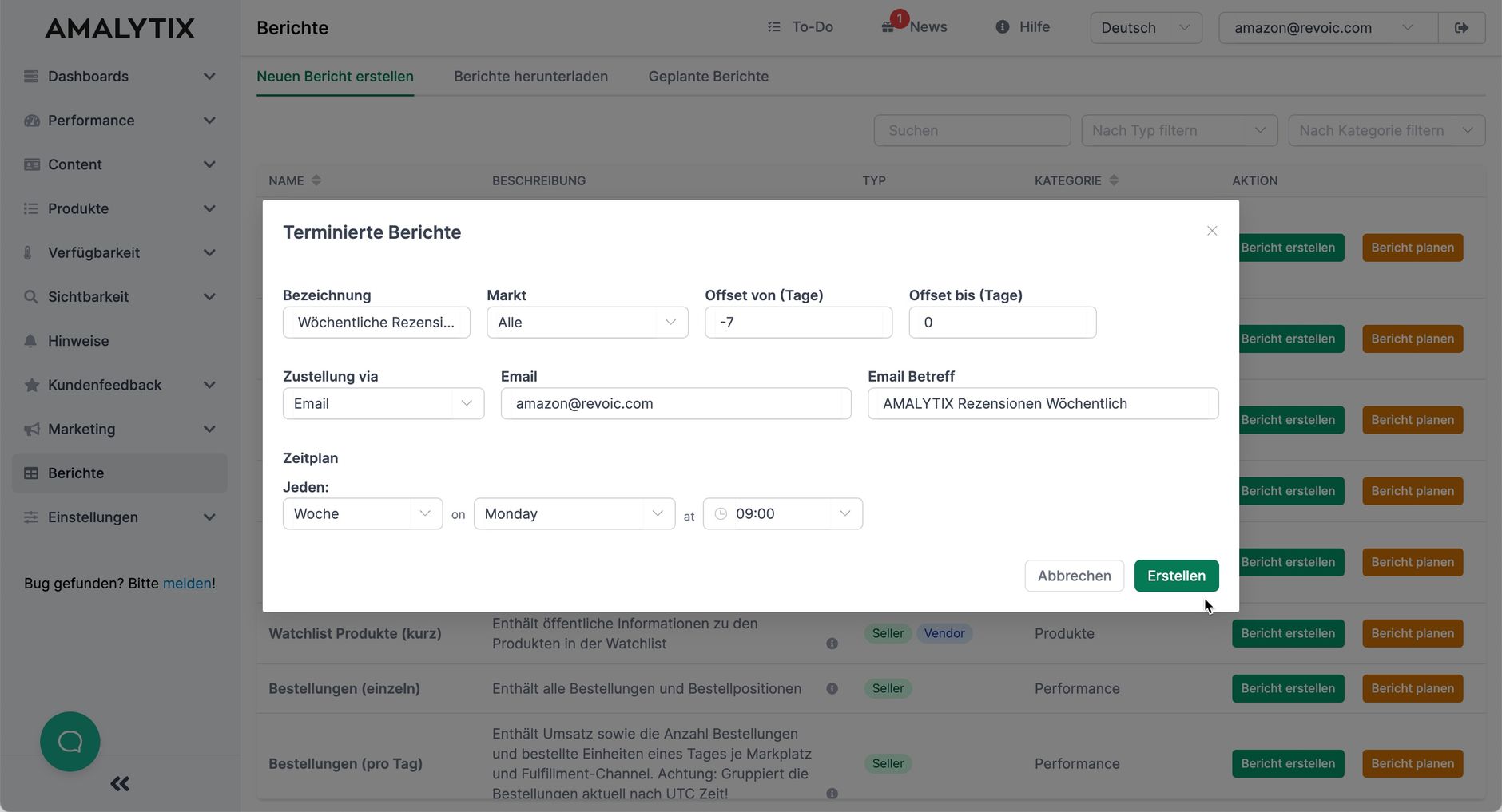 Amazon Berichte terminieren in AMALYTIX