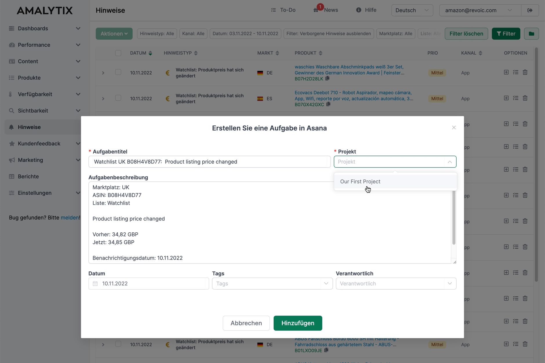 Aufgabe für die verknüpfte App erstellen in AMALYTIX