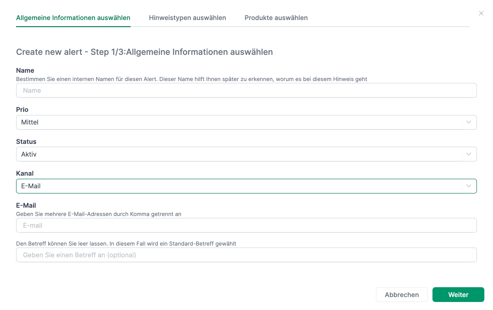 Amazon Hinweise erstellen mit AMALYTIX - Allgemeine Informationen auswählen