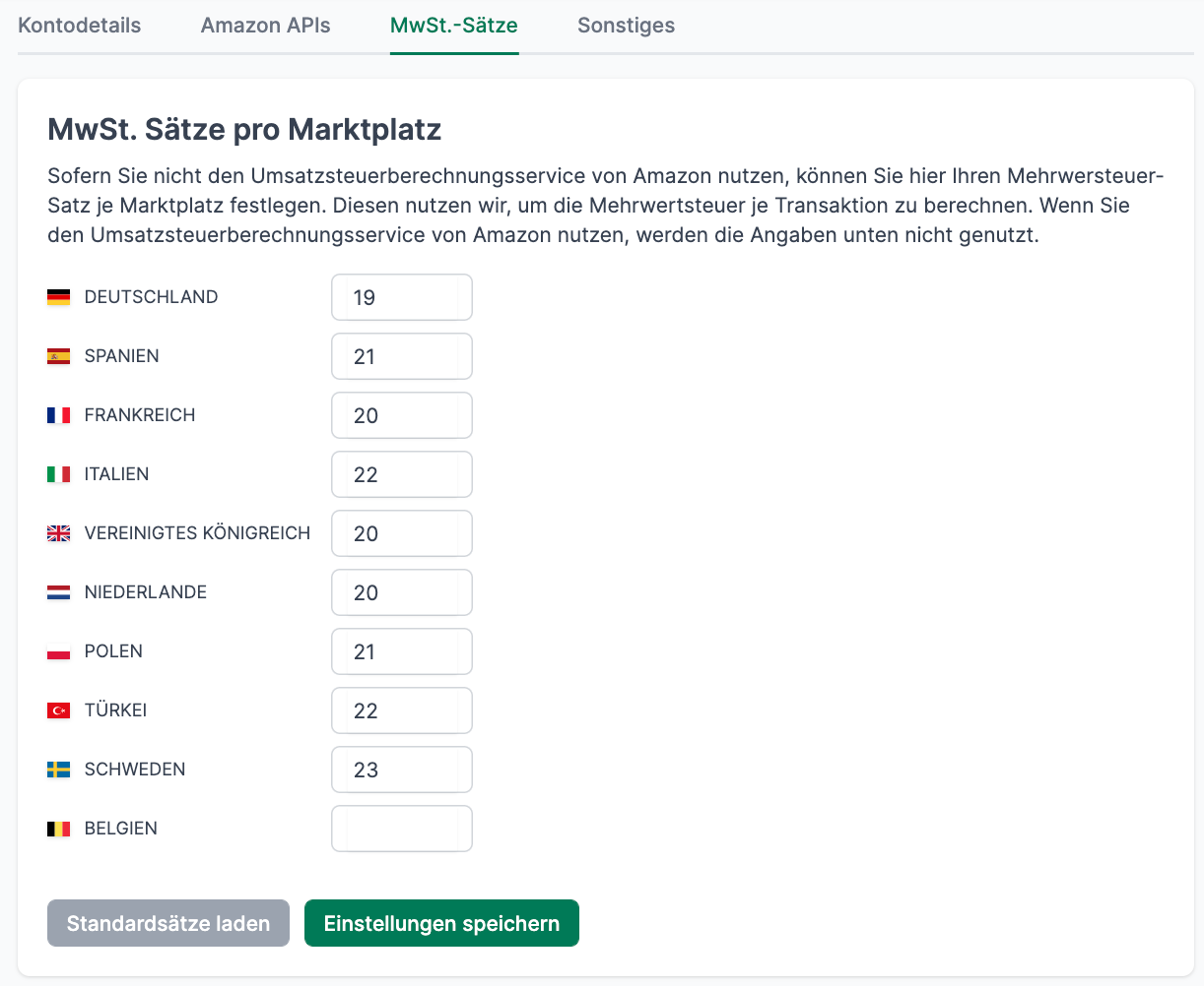 Amazon Mehrwertsteuersätze pro Marktplatz festlegen in AMALYTIX