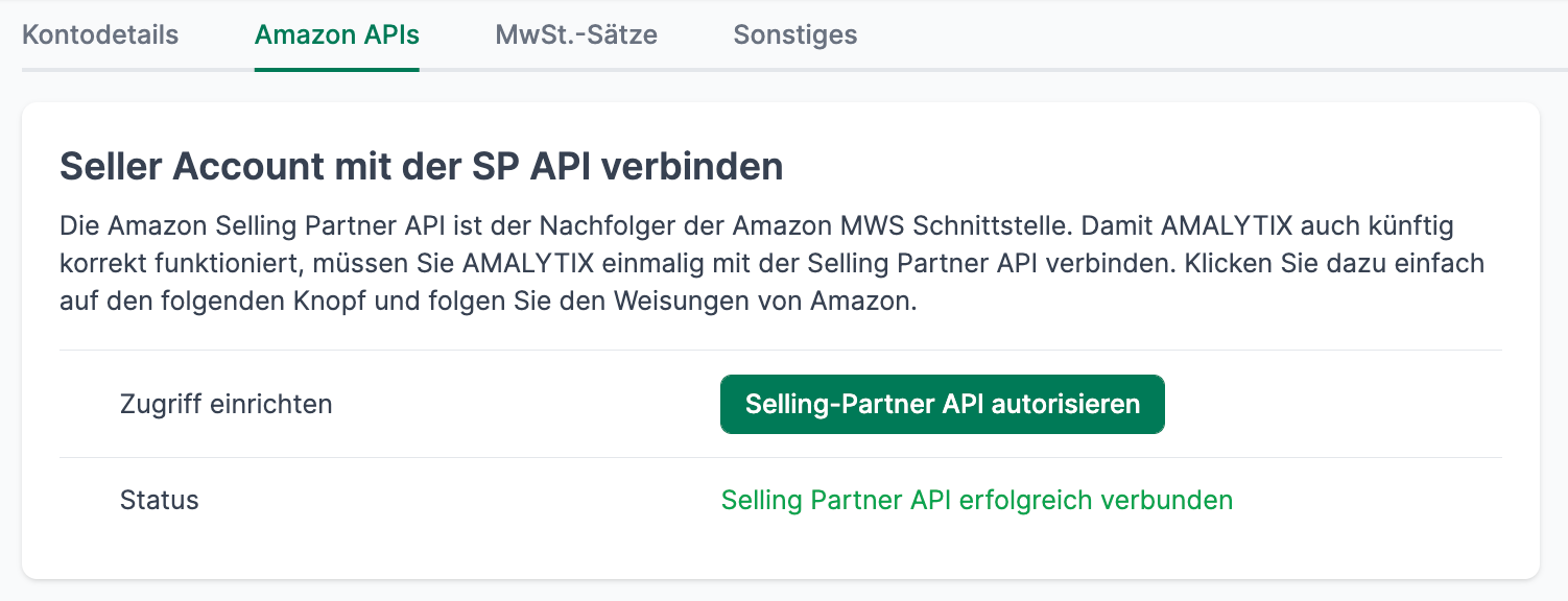 Das Seller Konto mit der Amazon Selling Partner API verbinden in AMALYTIX