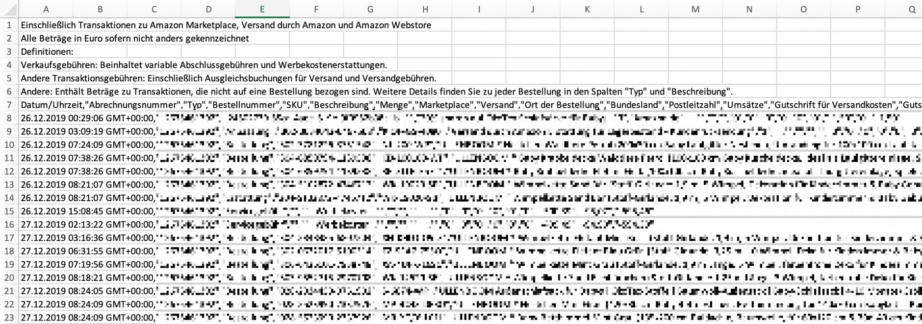 Amazon Transaktionsbericht in Excel im Rohformat