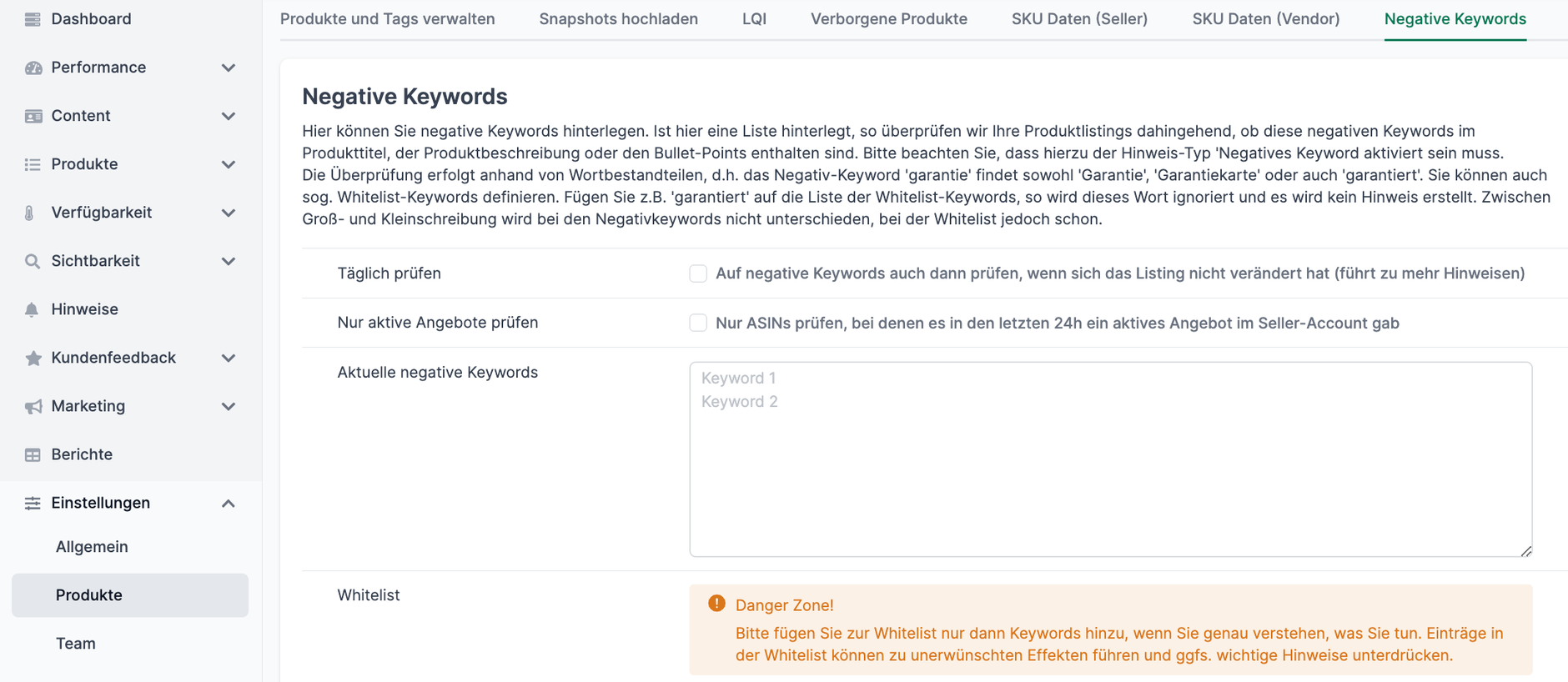 Amazon Hinweis Negatives Keyword gefunden