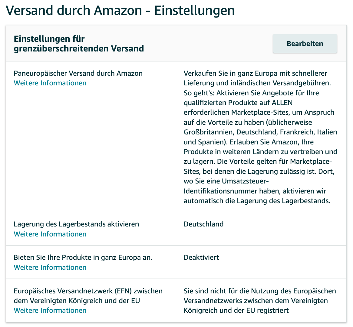 Einstellungen zu Amazon FBA