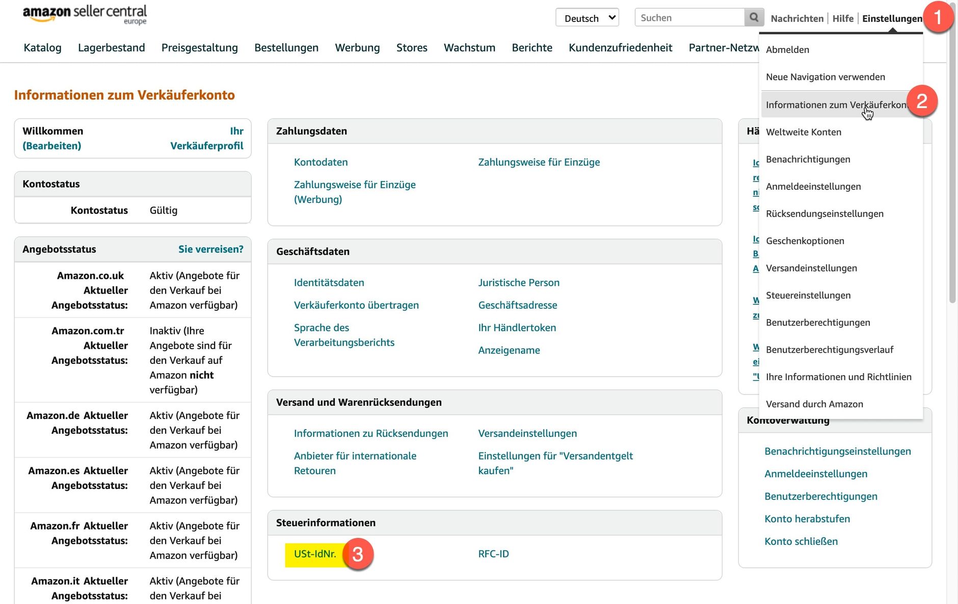 Umsatzsteuer-ID in Seller Central hinterlegen